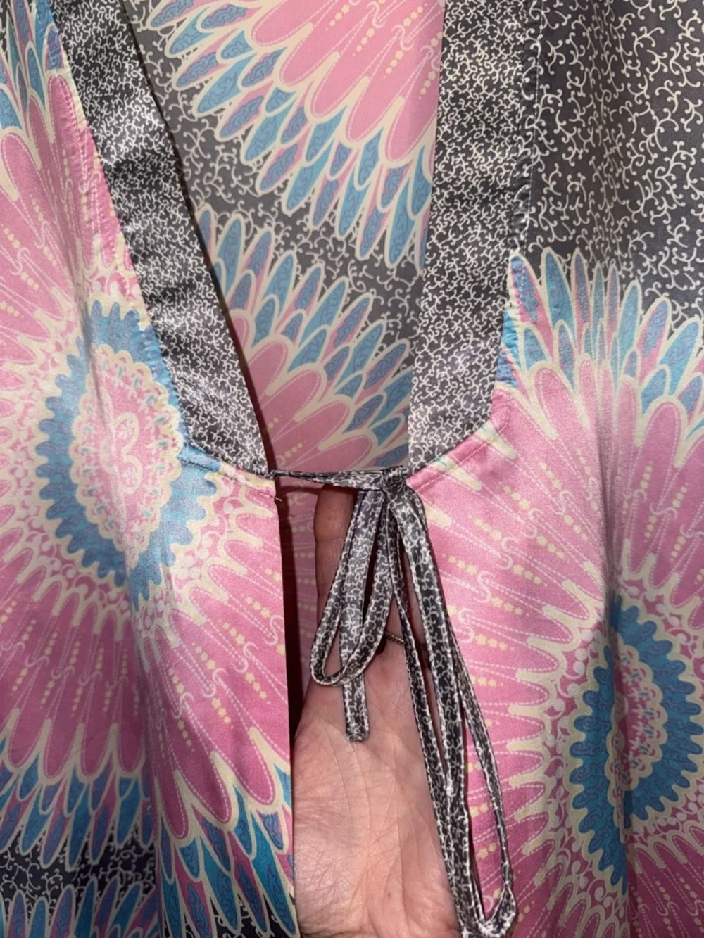 Rainy Night Flower Silk Blend Tunic Dress Boho Print Pink Blue Size L